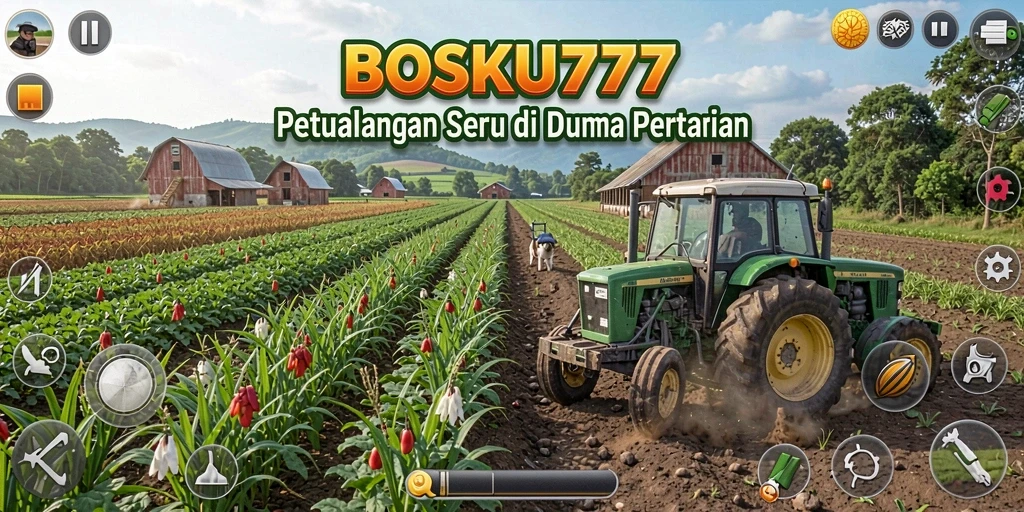 Screenshot gameplay menunjukkan lahan pertanian yang subur dan aktivitas bertani.