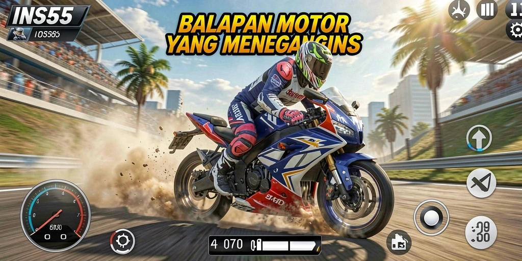 Tampilan gameplay INS55 dengan aksi balapan motor yang seru.