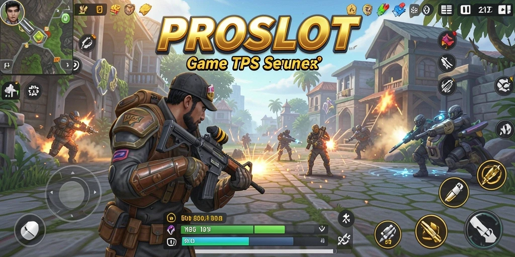 Tampilan screenshot utama PROSLOT menampilkan aksi seru dalam permainan TPS.