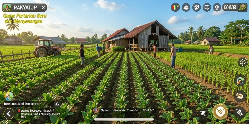 Tampilan gameplay RAKYATJP yang menampilkan pertanian yang indah dan aktivitas peternakan.
