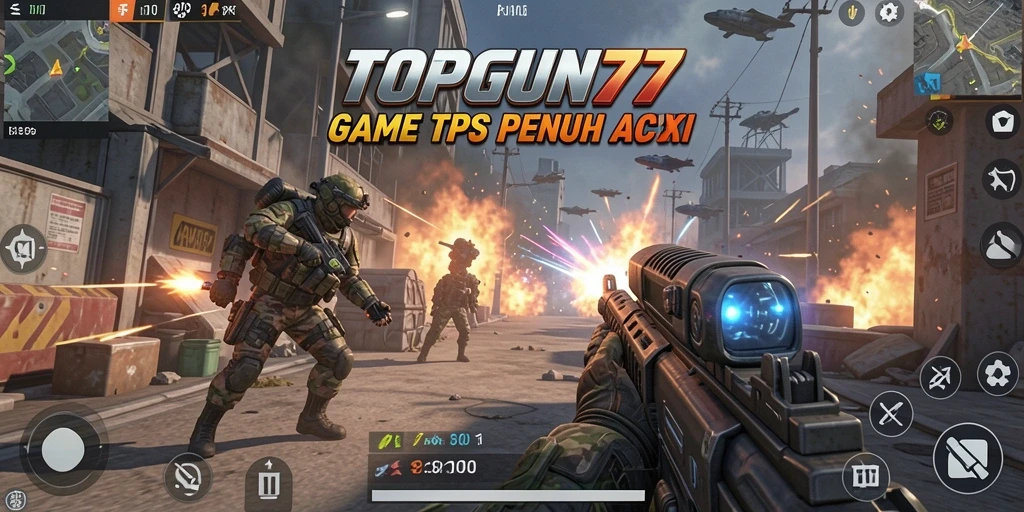 Screenshot utama yang menunjukkan aksi gameplay TPS di TOPGUN77.